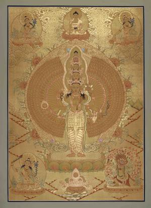 Golden Avalokiteshvara Thangka with White Tara, Buddha, Green Tara on Top, Manjushri, and Vajrapani Below |Tibetan Buddhism Arts